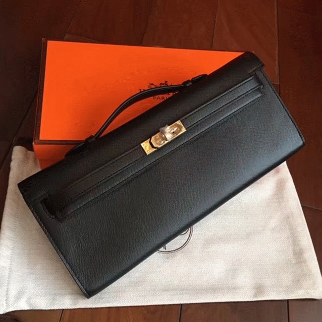 0092C5D0-A0BD-CD0F-4DE8-6118BB3926A1.jpg Black Epsom Fake Hermes Kelly Cut Clutch Sleek Handbag - Image 1