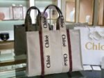 Top Quality Imitation Chloe Large Woody Tote Bag in Canvas with Brown Leather Strips - Image 3