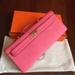 Rose Lipstick Epsom Imitation Hermes Kelly Cut Clutch Stylish Bag