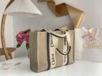 Top Quality Fake Chloe Woody Large Tote Bag in Linen Canvas with Navy Blue Leather - Image 5
