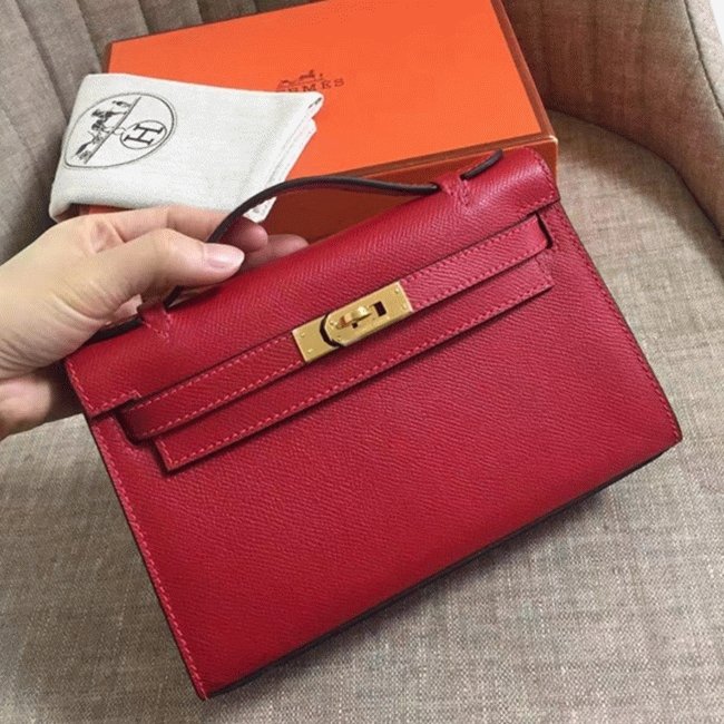 0A8E3CF3-53D7-EDCF-04F0-B4F1CAA20B12.jpg Rouge Vif Epsom Fake Hermes Kelly Pochette Red Bold Clutch - Image 1