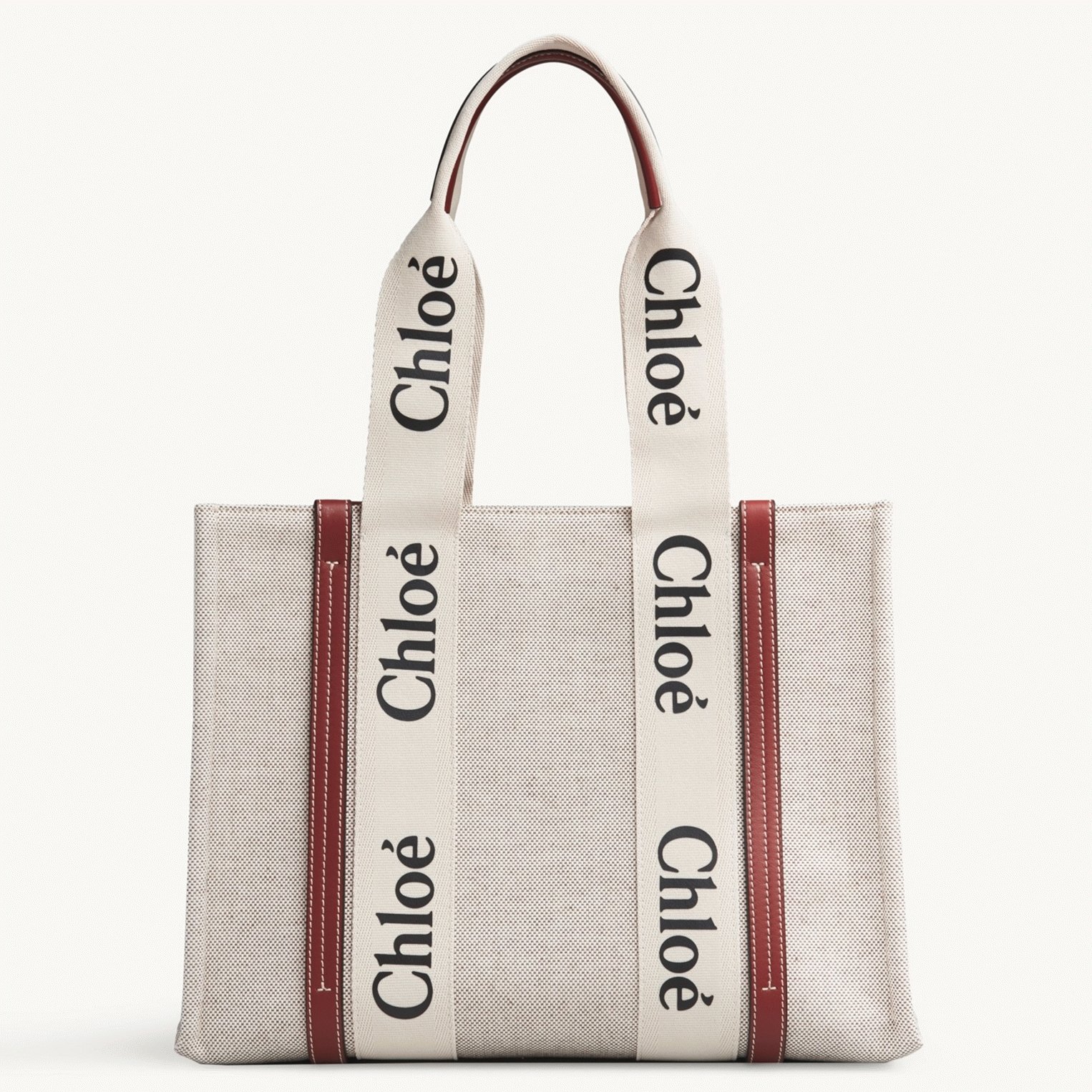 13234A46-4A80-D5EF-27A6-981AB7DCE7BB.jpg Top Quality Faux Chloe Medium Woody Tote Bag in Canvas with Brown Leather Strips - Image 1