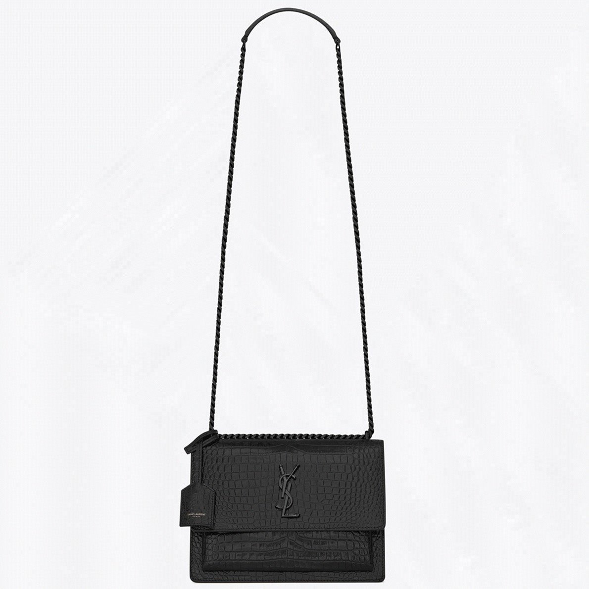 15888B37-25C7-E08D-8866-3991B19F9B78.jpg Fake Saint Laurent Sunset Medium All Black Chain Bag Crocodile-embossed Leather - Image 1