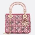 Dior Lady Dior Mini Chain Bag Fake in Satin with Pink Resin Pearl Embroidery