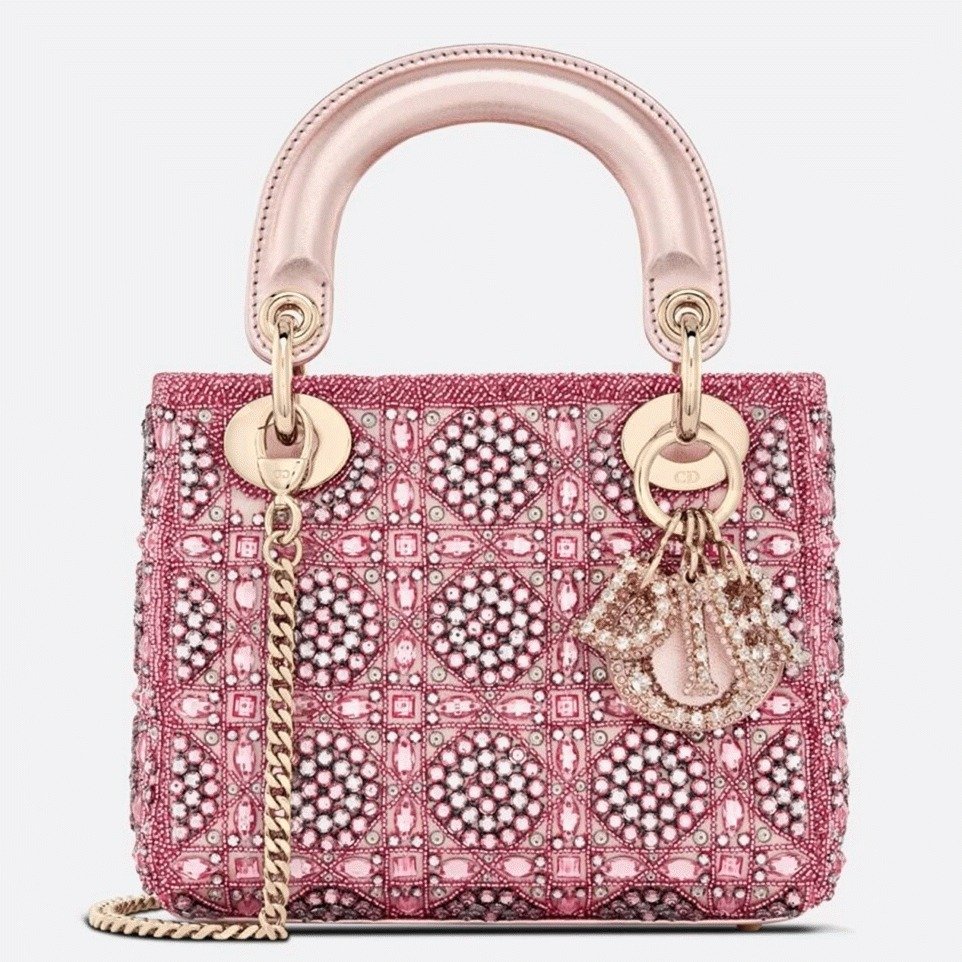 1A3CB3B1-4D7D-CA1E-6D0E-4FC847C03D4A.jpg Dior Lady Dior Mini Chain Bag Fake in Satin with Pink Resin Pearl Embroidery - Image 1