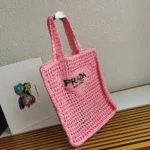 Prada Small Tote Bag Imitation in Pink Woven Raffia - Image 2