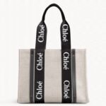 Top Quality Fake Chloe Large Woody Tote Bag in Canvas with Black Leather Strips