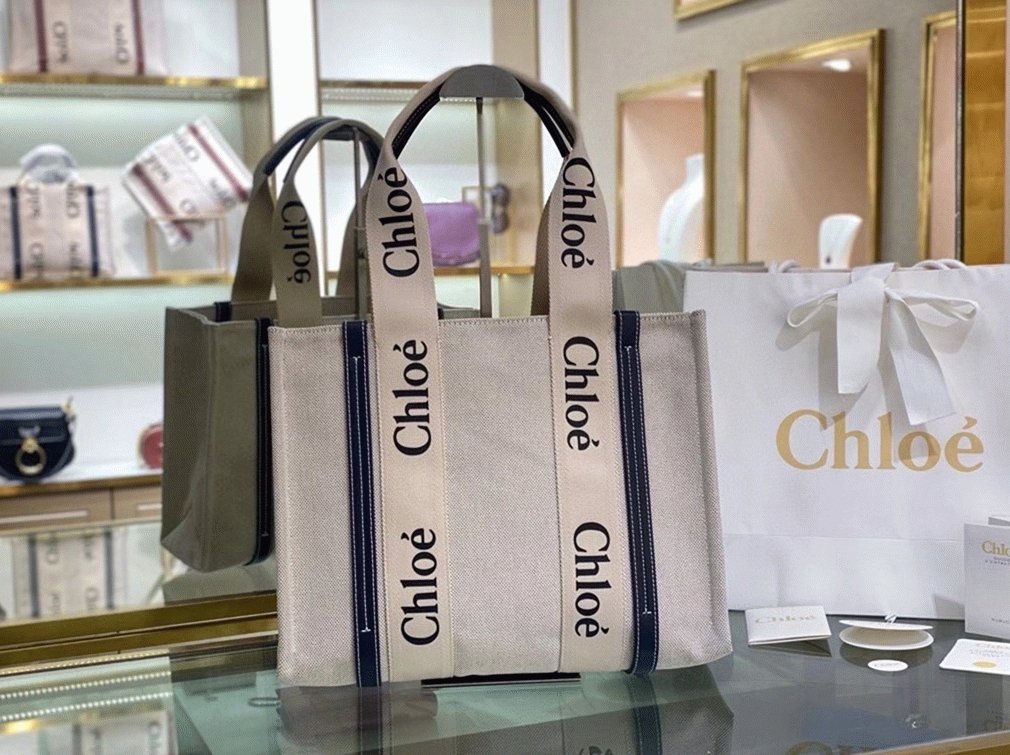 2065D9EC-CC51-97ED-65DE-CB3D1B4C1235.jpg Top Quality Knockoff Chloe Medium Woody Tote Bag in Canvas with Blue Leather Strips - Image 1