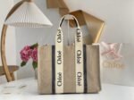 Top Quality Fake Chloe Woody Large Tote Bag in Linen Canvas with Navy Blue Leather - Image 4