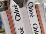 Top Quality Knockoff Chloe Small Woody Tote Bag in Canvas with Brown Leather Strips - Image 3