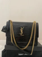Black Croc-Embossed Leather YSL Sunset Medium Chain Replica Bag - Image 7