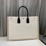 Knockoff Saint Laurent Rive Gauche Tote Bag White Linen and Black Leather - Image 2