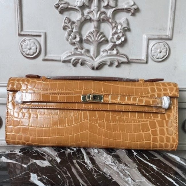 3CB18A23-7960-FFC3-95AF-49654A336B70.jpg Camarel Crocodile Fake Hermes Kelly Cut Clutch Rich Color Handbag - Image 1