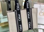 Top Quality Knockoff Chloe Medium Woody Tote Bag in Canvas with Black Leather Strips - Image 3