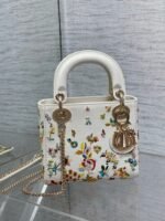 Dior Lady Dior Mini Bag Knockoff in White Calfskin with Multicolor Small Flowers - Image 5