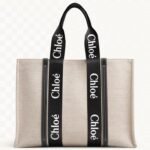 Top Quality Knockoff Chloe Medium Woody Tote Bag in Canvas with Black Leather Strips
