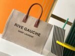 Knockoff Saint Laurent Rive Gauche Tote Bag White Linen and Brown Leather - Image 3
