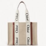 Top Quality Knockoff Chloe Woody Medium Tote Bag in Linen Canvas with Brown Leather