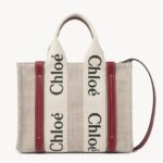 Top Quality Replica Chloe Small Woody Tote Bag in Canvas with Camel Leather Strips