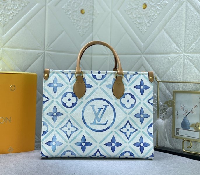 46A3F76D-A989-8904-C8E8-80BB412E9C8D.jpg Louis Vuitton LV By The Pool Monogram Tiles Canvas Onthego MM Tote In Lagoon Blue - Image 1