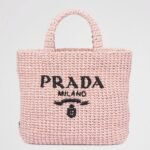 Prada Small Crochet Tote Bag Replica in Pink Raffia-effect Yarn