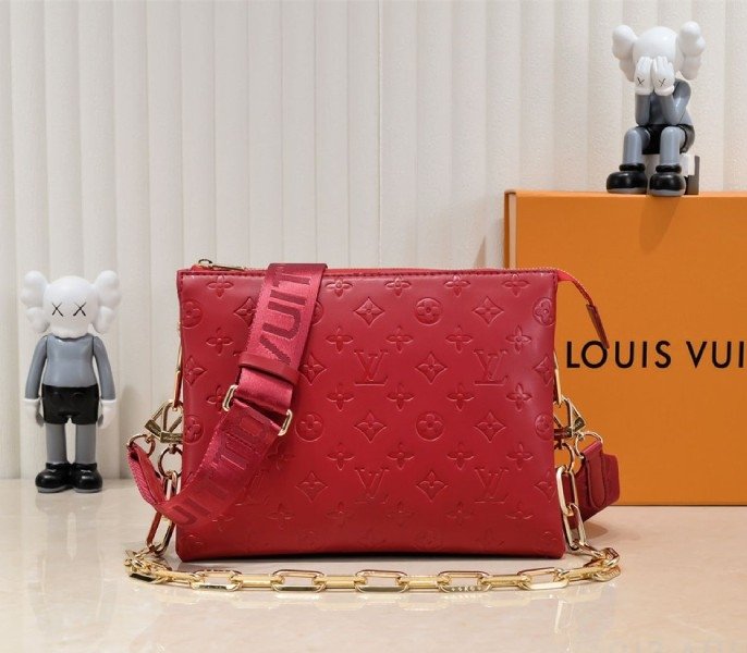 4D0FA44F-C987-DE33-AA74-38364F2A2DAB.jpg Louis Vuitton Coussin PM Bag In Red With Jacquard Strap - Image 1