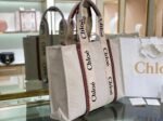 Top Quality Imitation Chloe Large Woody Tote Bag in Canvas with Brown Leather Strips - Image 4