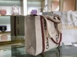 Top Quality Faux Chloe Medium Woody Tote Bag in Canvas with Brown Leather Strips - Image 3