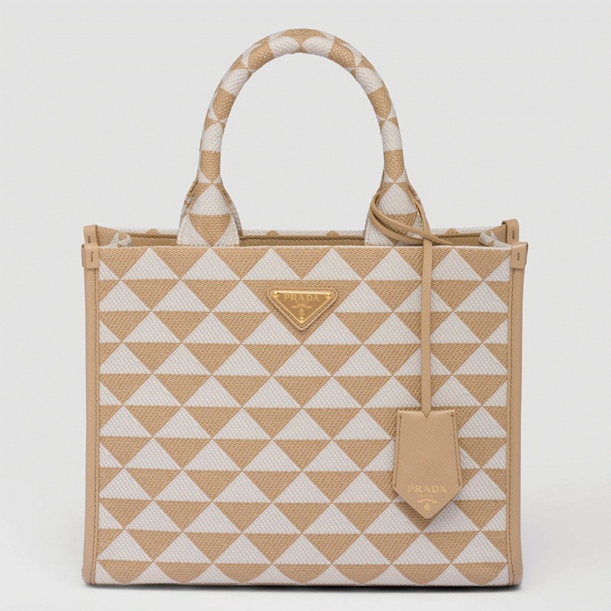4F0F091A-6511-310A-0DA9-021EF53A2F4F.jpg Prada Symbole Small Bag Fake in Beige/White Jacquard Fabric - Image 1
