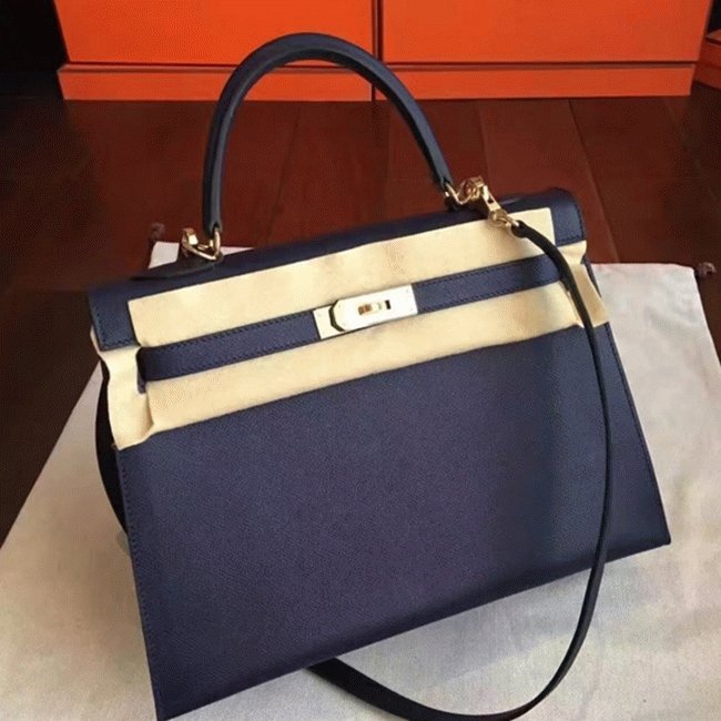 5766F02B-2FF1-498E-B646-0B46C5B782DE.jpg Sapphire Epsom Fake AAA Hermes Kelly 32cm Sellier Handbag - Image 1