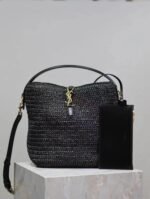 SAINT LAURENT Le 37 leather-trimmed raffia bucket bag