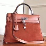 Brown Suede Fake Hermes Kelly 32cm Bag with Zigzag Handle