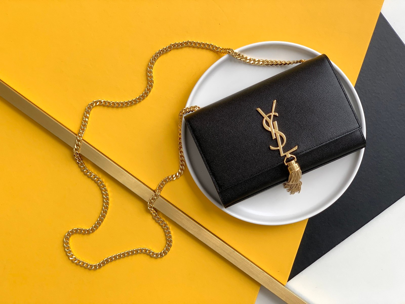 6D6FFA3B-29E2-E329-8C13-B4F3D86D9026.jpg KATE SMALL CHAIN BAG WITH TASSEL IN CROCODILE-EMBOSSED SHINY LEATHER - Image 1