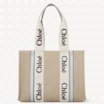 Top Quality Replica Chloe Woody Medium Tote Bag in Linen Canvas with Blue Leather