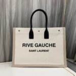 Knockoff Saint Laurent Rive Gauche Tote Bag White Linen and Black Leather - Image 3