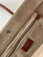 Knockoff Saint Laurent Rive Gauche Tote Bag White Linen and Brown Leather - Image 7