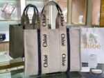 Top Quality Replica Chloe Large Woody Tote Bag in Canvas with Blue Leather Strips - Image 3