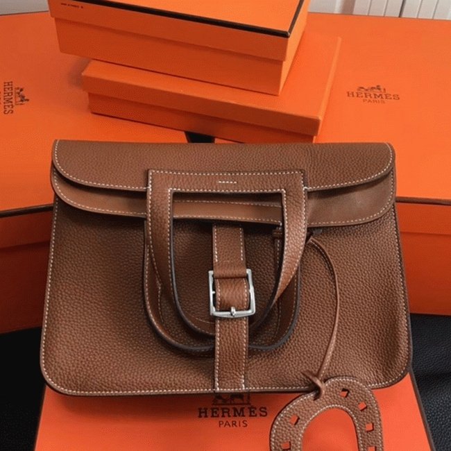 7C87E1E4-3378-5E82-B72A-D520189982A2.jpg Brown Knockoff Hermes Halzan Classic Leather Handbag - Image 1