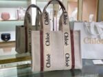 Top Quality Faux Chloe Medium Woody Tote Bag in Canvas with Brown Leather Strips - Image 5