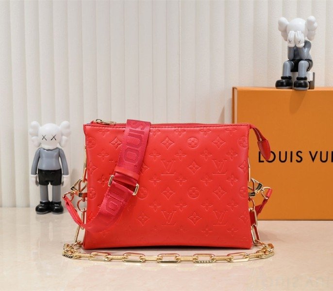 87A96F05-0049-D080-B515-ABB96F1DA9D4.jpg Louis Vuitton Coussin PM Bag In Neon Red With Jacquard Strap - Image 1