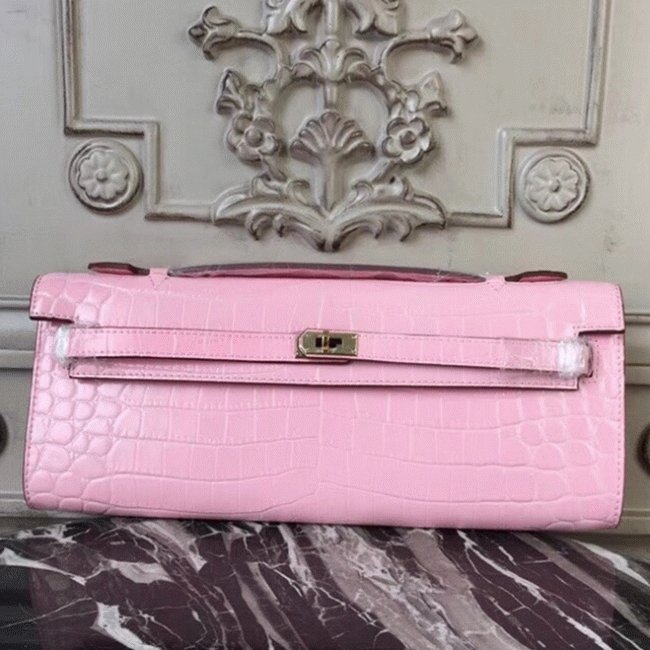 92530CC5-9C94-D5E1-0154-9D4D1DC50E47.jpg Pink Crocodile Replica Hermes Kelly Cut Clutch Feminine Tote - Image 1