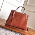 Brown Suede Fake Hermes Kelly 32cm Bag with Zigzag Handle - Image 8