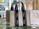 Top Quality Knockoff Chloe Medium Woody Tote Bag in Canvas with Black Leather Strips - Image 4