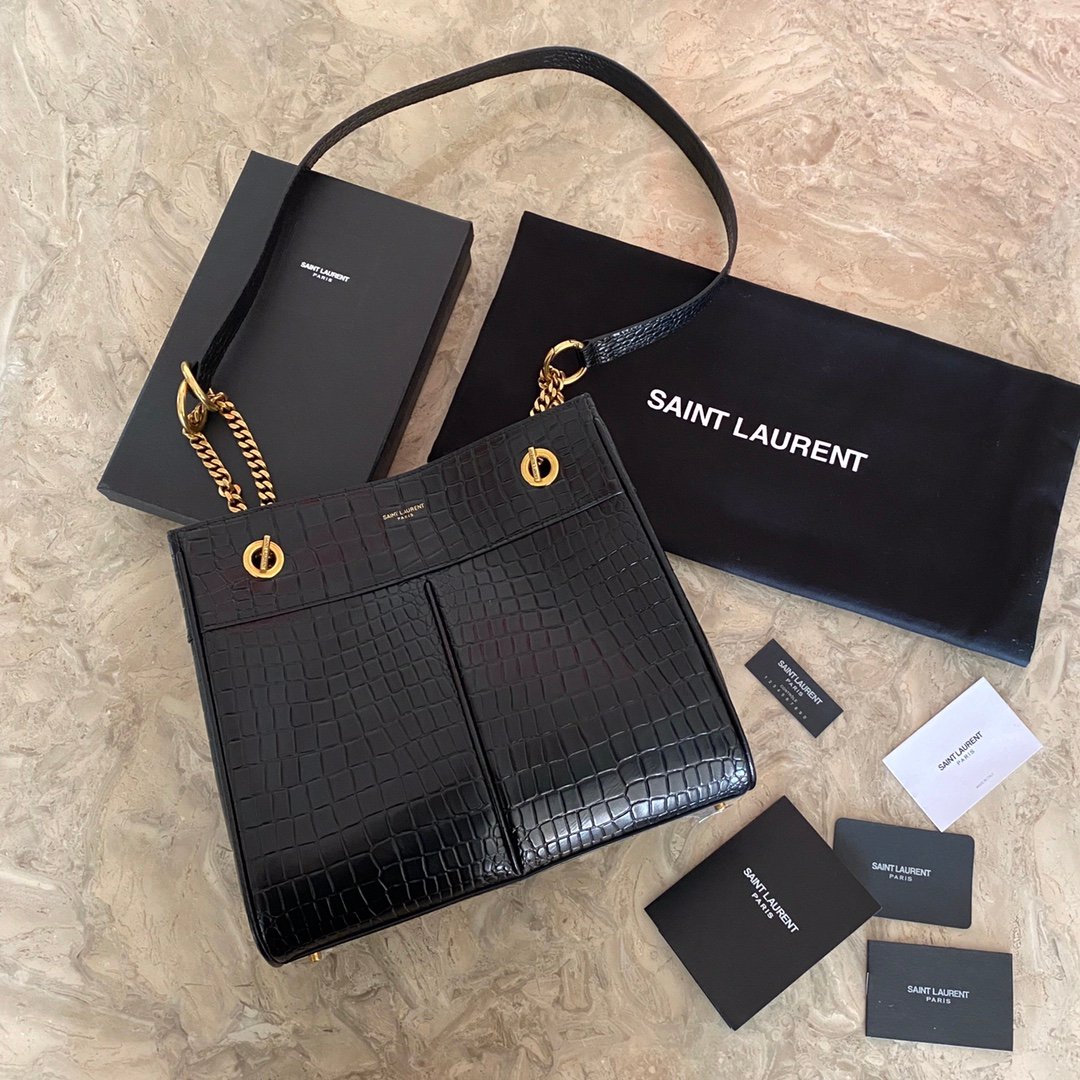 9C3C11DF-3AB7-CBF8-9012-BB746F604E55.jpg YSL Saint Laurent classic reproduction crocodile pattern shopping bag with detachable chain, bronze metal chain - Image 1