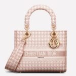 Dior Lady D-Lite Medium Bag Knockoff in Pink   White Houndstooth Embroidery