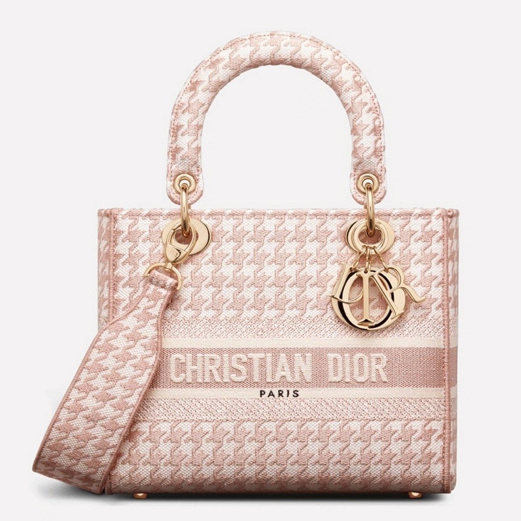 9FA79425-F223-54D2-B811-26E8797E10F9.jpg Dior Lady D-Lite Medium Bag Knockoff in Pink White Houndstooth Embroidery - Image 1