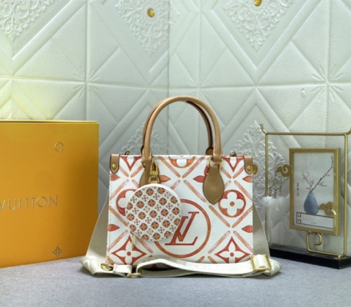 A16537CE-934D-8799-FBA6-166DEF50FAAE.jpg Louis Vuitton LV By The Pool Monogram Tiles Canvas Onthego PM Tote In Coral - Image 1
