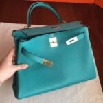 Blue Paon Clemence Fake Hermes Kelly Retourne 32cm Handbag - Image 2