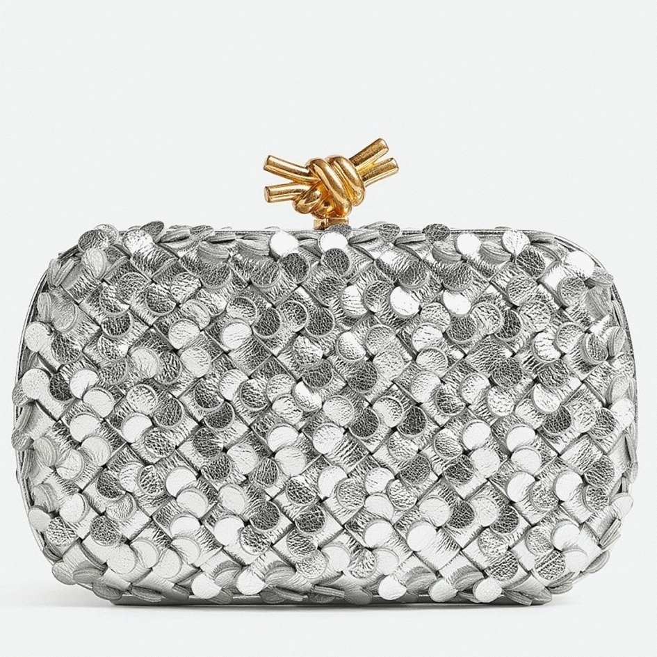 AC00DCD4-F340-F862-5F62-A997889983A4.jpg Replica Bottega Veneta Knot Minaudiere Clutch Silver Sequins - Image 1