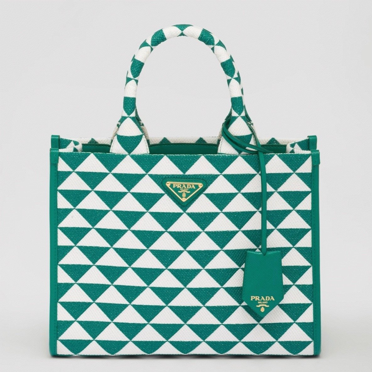 AD371548-B74C-E1AA-6F8C-644780C7A243.jpg Prada Symbole Small Bag Replica in Green/White Jacquard Fabric - Image 1